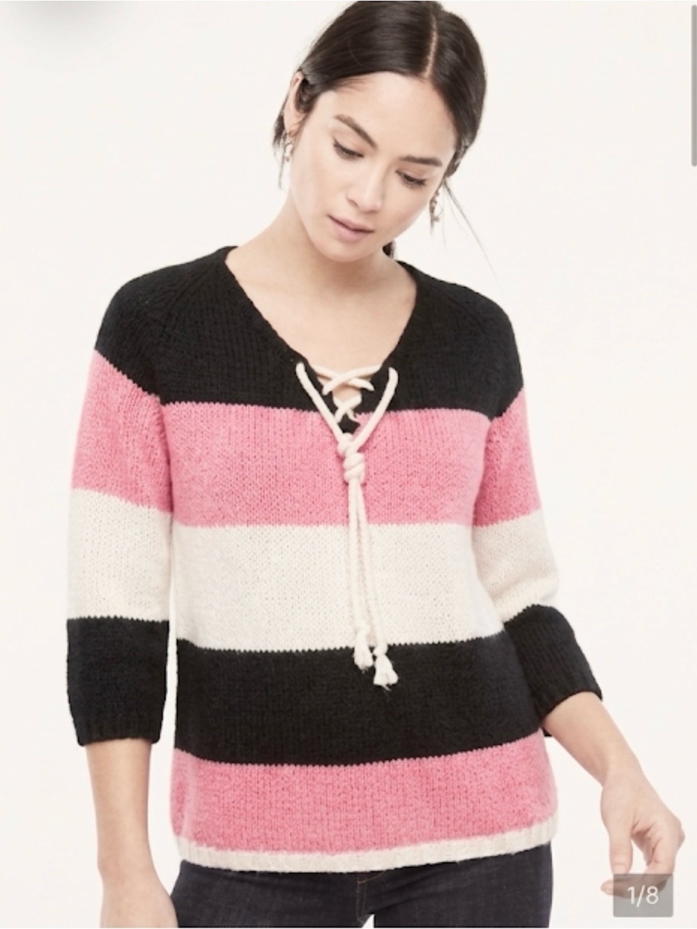 Sweater Pink Black White Striped Rope Tie Front 8 Nautical Preppy